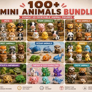 May include: A digital collection of 100+ mini animal figures categorized into groups including pets, farm animals, wild animals, forest animals, ocean animals, birds, reptiles, amphibians, fantasy characters, and exotic animals for 3D printing.