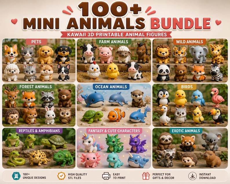 May include: A digital collection of 100+ mini animal figures categorized into groups including pets, farm animals, wild animals, forest animals, ocean animals, birds, reptiles, amphibians, fantasy characters, and exotic animals for 3D printing.