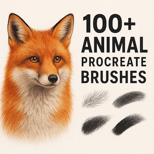 May include: A digital illustration of a red fox with a white chest and the text "100+ ANIMAL PROCREATE BRUSHES". Below the text are examples of brush strokes.