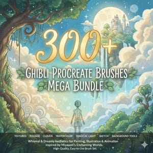May include: Digital art bundle with the text "300+ Ghibli Procreate Brushes MEGA BUNDLE". The image features a whimsical illustration with a castle, waterfalls, and a figure. Keywords include textures, foliage, clouds, watercolor, and magical light.