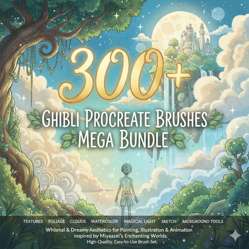 May include: Digital art bundle with the text "300+ Ghibli Procreate Brushes MEGA BUNDLE". The image features a whimsical illustration with a castle, waterfalls, and a figure. Keywords include textures, foliage, clouds, watercolor, and magical light.