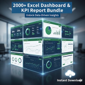 Puede incluir: Un gráfico digital que muestra un paquete de informes de panel de control de Excel y KPI. La imagen muestra múltiples pantallas con gráficos y visualizaciones de datos en tonos verdes y azules. El texto incluye "2000+ Excel Dashboard & KPI Report Bundle" y "Unlock Data-Driven Insights".
