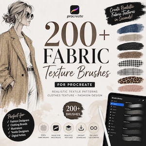 Pode incluir: Um conjunto de produtos digitais com mais de 200 pincéis de textura de tecido para Procreate. A imagem mostra um esboço de uma pessoa com um blazer, uma interface de biblioteca de pincéis num tablet e várias amostras de têxteis.