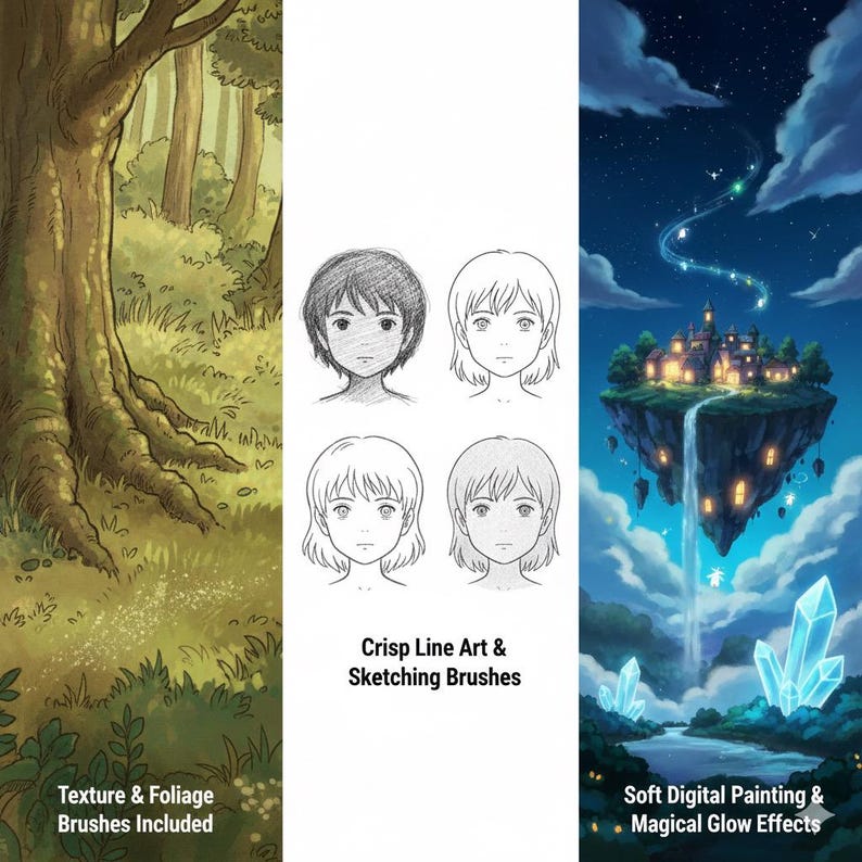 May include: Digital art illustration with three distinct sections. One shows a forest scene, another features four sketches of a person's face, and the last depicts a floating island with a castle. Text includes "Texture & Foliage Brushes Included", "Crisp Line Art & Sketching Brushes", and "Soft Digital Painting & Magical Glow Effects".