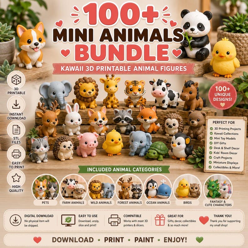 May include: A digital bundle of 100+ mini animal figures for 3D printing. The image displays various colorful, cartoon-style animal figurines including a panda, chick, elephant, lion, giraffe, tiger, cow, horse, deer, rabbit, dog, raccoon, fox, hedgehog, cat, pig, turtle, and penguin.