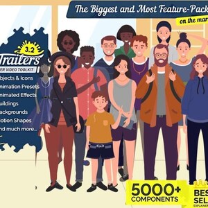 Op de afbeelding: Illustratie van een diverse groep mensen. De afbeelding bevat de tekst "AiN Traiters EXPLAINER VIDEO TOOLKIT" met functies zoals 2000 objecten en pictogrammen, 200 animatiepresets en 185 geanimeerde effecten. De tekst "The Biggest and Most Feature-Packed on the market" is ook aanwezig.