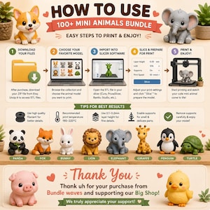 May include: An instructional graphic for a 100+ mini animals 3D print bundle. It features steps to download, choose, slice, and print models, with tips for filament, temperature, and layer height. Includes images of various animal figurines.