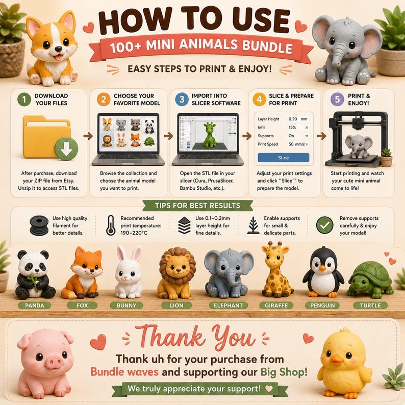 May include: An instructional graphic for a 100+ mini animals 3D print bundle. It features steps to download, choose, slice, and print models, with tips for filament, temperature, and layer height. Includes images of various animal figurines.