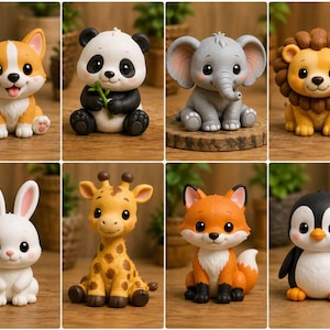 May include: A collection of eight small animal figurines including a corgi, panda, elephant, lion, rabbit, giraffe, fox, and penguin. Each figure features a cartoon-like design with large eyes and a seated posture, displayed in a grid format.