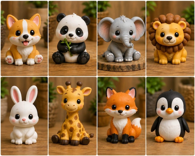 May include: A collection of eight small animal figurines including a corgi, panda, elephant, lion, rabbit, giraffe, fox, and penguin. Each figure features a cartoon-like design with large eyes and a seated posture, displayed in a grid format.