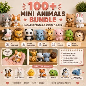 100+ Cute Animal STL Bundle | Kawaii Mini 3D Printable Figures | Toy Models for 3D Printer | Digital STL Files | Instant Download image 2
