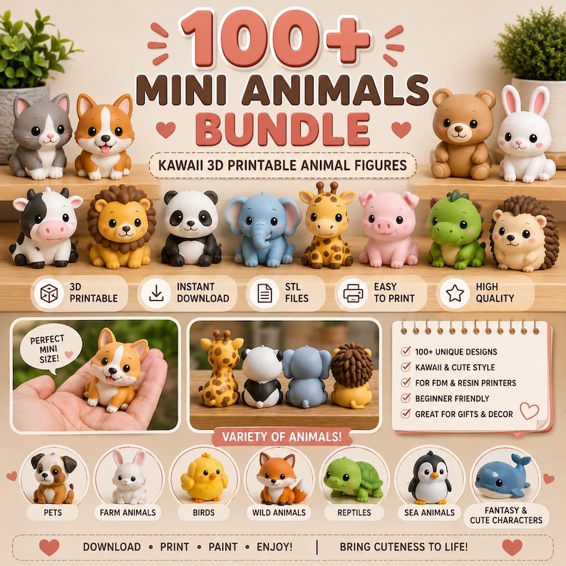 100+ Cute Animal STL Bundle | Kawaii Mini 3D Printable Figures | Toy Models for 3D Printer | Digital STL Files | Instant Download image 2