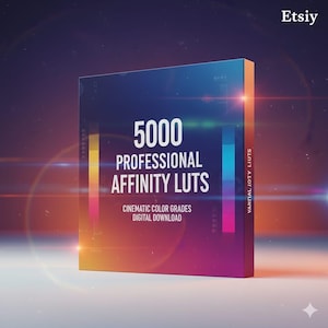 May include: A product box with a gradient color scheme, featuring the text "5000 PROFESSIONAL AFFINITY LUTS." Additional text reads "CINEMATIC COLOR GRADES DIGITAL DOWNLOAD." The product name "VANDAL JOTY LIUTS" is on the side.