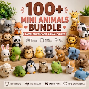 May include: A digital graphic featuring 100+ Mini Animals Bundle with text and various 3D printable animal figures including a koala, fox, giraffe, cow, monkey, panda, lion, pig, rabbit, dinosaur, hedgehog, chick, cat, deer, elephant, bear, sheep, turtle, penguin, otter, frog, dog, and whale.