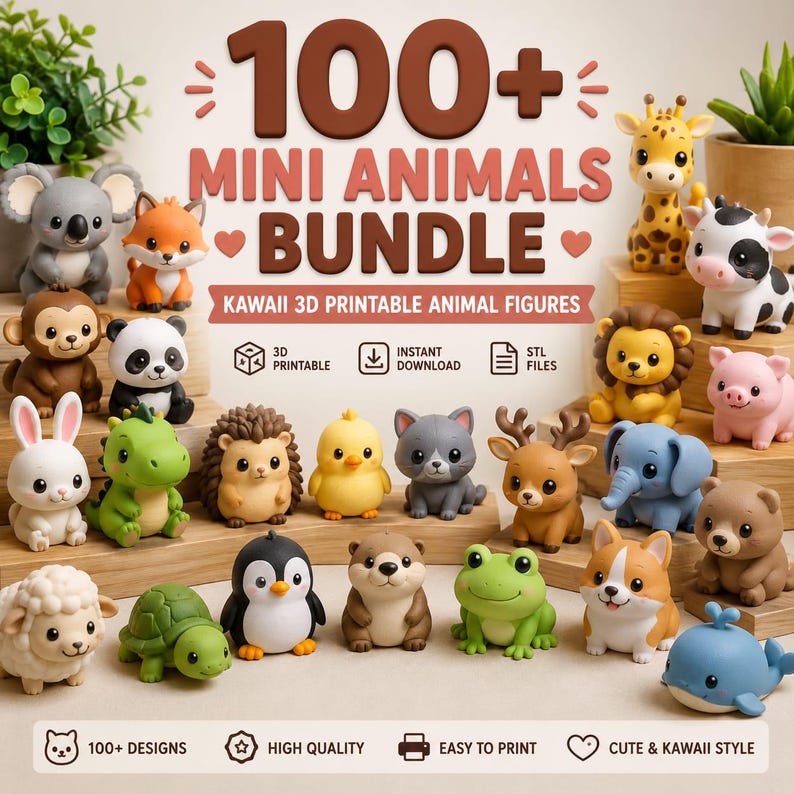 May include: A digital graphic featuring 100+ Mini Animals Bundle with text and various 3D printable animal figures including a koala, fox, giraffe, cow, monkey, panda, lion, pig, rabbit, dinosaur, hedgehog, chick, cat, deer, elephant, bear, sheep, turtle, penguin, otter, frog, dog, and whale.