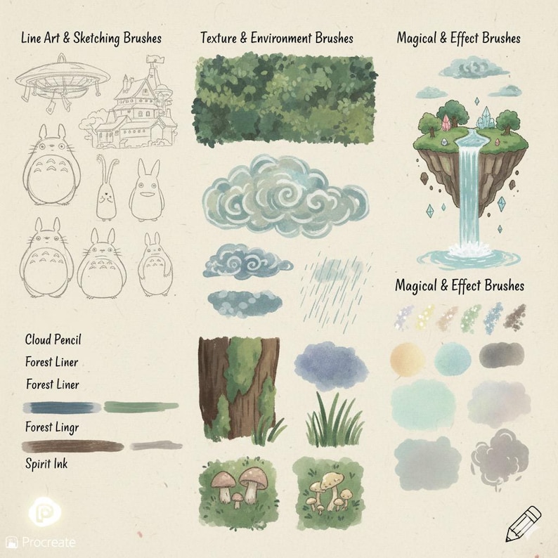 May include: An illustration showcasing digital art brushes for Procreate. The image features various brush categories: Line Art & Sketching, Texture & Environment, and Magical & Effect. The brushes include cloud, forest, and spirit ink styles, along with whimsical drawings.