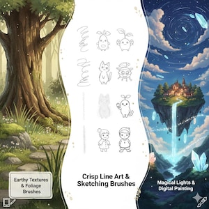 May include: Digital art illustration showcasing various brush styles and a fantasy landscape. The image includes the text "Earthy Textures & Foliage Brushes", "Crisp Line Art & Sketching Brushes", and "Magical Lights & Digital Painting". The artwork features whimsical characters and a floating island.