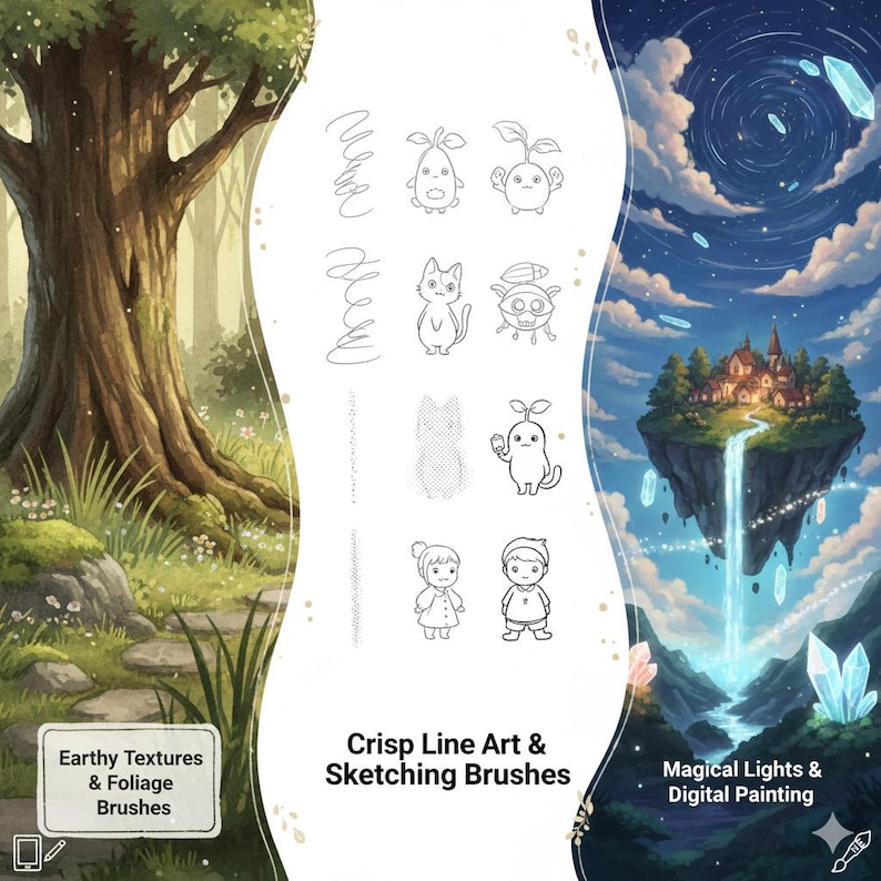 May include: Digital art illustration showcasing various brush styles and a fantasy landscape. The image includes the text "Earthy Textures & Foliage Brushes", "Crisp Line Art & Sketching Brushes", and "Magical Lights & Digital Painting". The artwork features whimsical characters and a floating island.