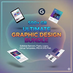 以下が含まれることがあります： 「500+ GB ULTIMATE GRAPHIC DESIGN BUNDLE」のテキストが入ったデジタルグラフィックデザインバンドルの広告。画像にはデジタルデバイスのモックアップと「Editable Banners, Flyers, Logos, Canva Templates, PSD & SVG Files」のテキストが含まれています。