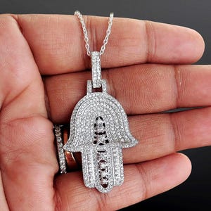 Hamsa Pendant Diamond Hamsa Pendant Round Simulated Diamond Hamsa Pendant 14K White Gold Finish Hip-Hop Hamsa Pendant Silver Hamsa Pendant