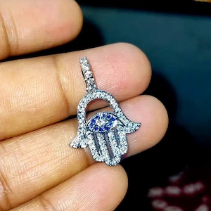 Diamond Pendant Round Cut Simulated Diamond Hamsa Hand Pendant 14K White Gold Finish 925 Sterling Silver Custom Hip Hop Pendant Gift For Her