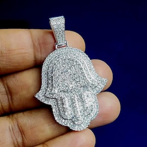 Diamond Pendant Round Simulated Diamond Cluster Hamsa Hand Pendant 14K White Gold Finish 925 Sterling Silver Custom Hip Hop Unisex Pendant
