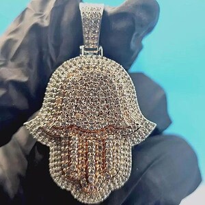 Diamond Pendant Round Simulated Diamond Hamsa Hand Pendant 14K Two Tone Gold Finish 925 Sterling Silver Custom Hip Hop Hamsa Unisex Pendant