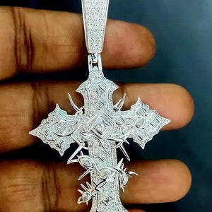 Moissanite Cross Pendant Round Cut Natural Tester Pass Moissanite Jesus Cross Pendant 14K White Gold Finish Silver Hip Hop Religious Pendant