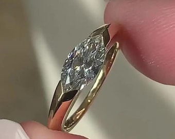 East West Marquise Cut Lab Grown Engagement Ring | 14k Yellow Gold Solitaire Ring | Bezel Set Ring | IGI Certified Diamond | Gift for Her