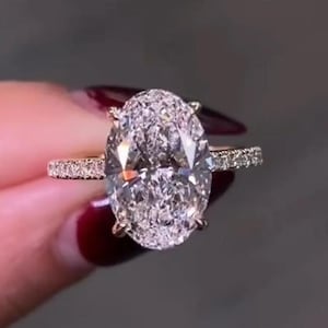 Oval Moissanite Engagement Ring Moissanite Ring for Women Pave Band Solitaire Ring, Hidden Halo 3.5 CT Oval Cut Wedding Promise Ring For Her