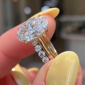 3 Carat Oval Cut Moissanite Engagement Ring Set, 14K Yellow Gold Bridal Set with Matching Oval Wedding Band, Anniversary Ring Set for Her