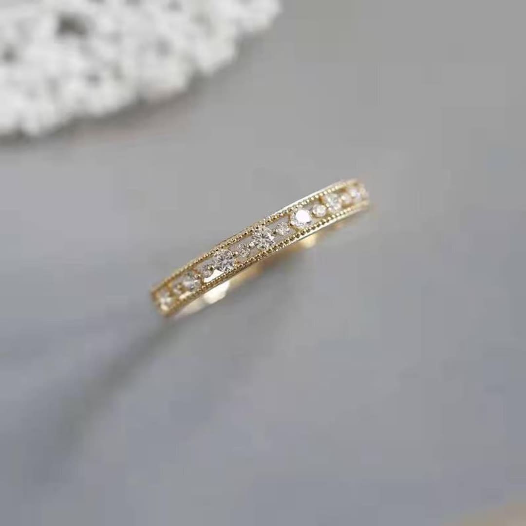 Round Moissanite Wedding Band 14K Yellow Gold Half Eternity Ring ...