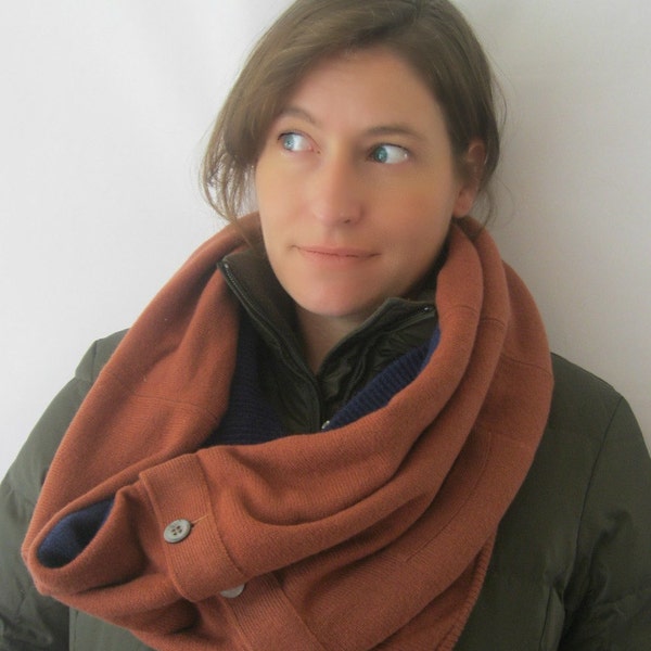 Cashmere Snood Scarf - Brick Orange and Royal Blue : Upcycled Recycled Repurposed Spring Fashion Fall Fashion