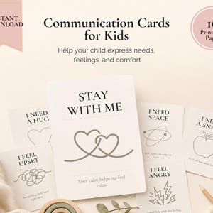 Könnte beinhalten: Kommunikationskarten für Kinder mit Sätzen wie "Ich brauche eine Umarmung" und "Bleib bei mir". Die Karten sind weiß mit schwarzen Illustrationen und Text. Die Worte "Sofort-Download" und "16 druckbare Seiten" sind ebenfalls sichtbar.