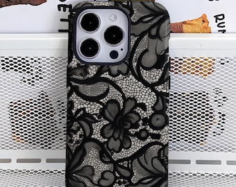 Vintage Lace Phone Case Elegant Black Flower Design iPhone 17, 16, 15, 14, 13, 12, Plus, Pro Max and Samsung S25, S24, S23, S22 Ultra.