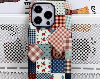 Vintage Plaid Patchwork Collage Phone Case: Quilted Style, iPhone 17, 16, 15, 14, 13, 12 Pro Max, Samsung S25, S24, S23, S22 Plus Ultra.