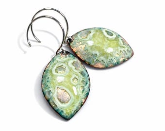 Kiln-Fired Enamel Earrings in Green | Glass on Copper | One of a Kind