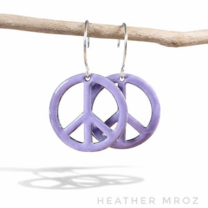 Kiln-Fired Enamel Purple Peace Sign Earrings | Glass on Copper