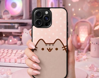 Mollige Katze Handyhülle | Kawaii Kitty auf rosa Punkten iPhone 17 16 15 14 13 Pro Max Plus Air Samsung Galaxy S25 S24 S23 S22 Ultra Edge FE Hülle