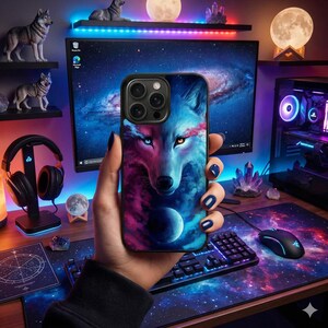 Funda para teléfono Cosmic Wolf / Aura gemela, textura de nebulosa para iPhone 17, 16, 15, 14, 13 Pro Max Plus Air, Samsung Galaxy S25, S24, S23, S22 Ultra Edge FE