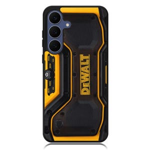 May include: Black and yellow phone case featuring the DEWALT logo. The case has a robust design with a speaker-like appearance. It includes buttons and a power button on the side. The case is designed to protect the phone.