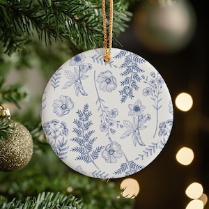 Blue Flowers Christmas Ornament - Chinoiserie Flower Ceramic Ornament Keepsake, Blue and White Porcelain Ceramic Decor