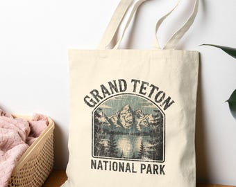Grand Teton Nationalpark Tragetasche aus Leinen | Vintage natürliche 100% Baumwolltasche
