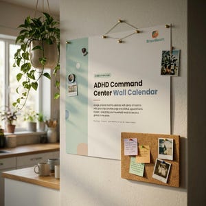 Puede incluir: Un calendario de pared cuadrado titulado ADHD Command Center Wall Calendar de BrainBeam, con un diseño en blanco y verde claro con acentos circulares. Está fijado con alfileres dorados junto a un corcho rectangular con notas sujetas.