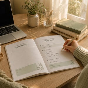Pode incluir: Uma agenda aberta sobre uma mesa de madeira com o texto Executive Dysfunction BRAIN DUMP e FIRST STEP. As páginas apresentam seções pautadas, caixas de seleção e detalhes botânicos em verde claro. Uma caneta repousa sobre a página.