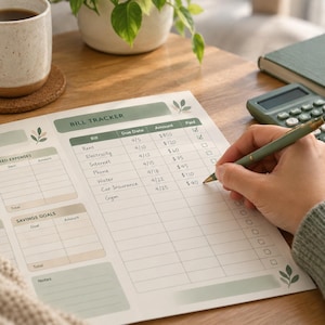 May include: A paper bill tracker sheet with green accents and leaf illustrations. The form includes columns for Bill, Due Date, Amount, and Paid checkboxes. It lists expenses like Rent, Electricity, Internet, Phone, Water, Car Insurance, and Gym.