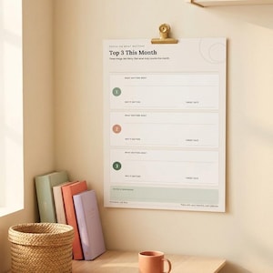 May include: A white wall planner titled Top 3 This Month with three numbered sections for goals, target dates, and notes. The planner is held by a gold metal clip. It features green, pink, and sage accents, with text including Focus on What Matters.