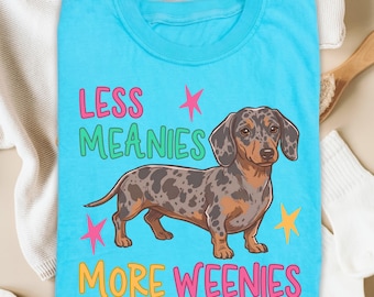 Less Meanies More Weenies PNG, Dachshund PNG, Diseño de camiseta divertida para amantes de los perros, Gráfico retro colorido, Descarga de diseño de sublimación