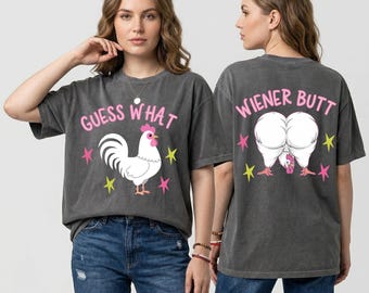 Paquete PNG de "Adivina qué: Trasero de pollo", diseño divertido y preppy para sublimación, gráficos para camisetas a juego, descarga digital con humor retro para el anverso y el reverso.