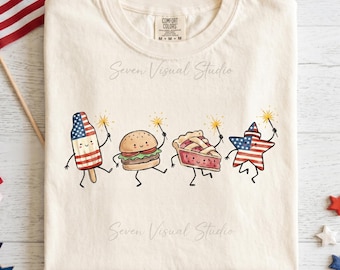 Dibujo patriótico PNG, lindo diseño de sublimación del 4 de julio, fuegos artificiales de sandía y perrito caliente PNG, gráfico de camiseta retro americana, divertido verano PNG